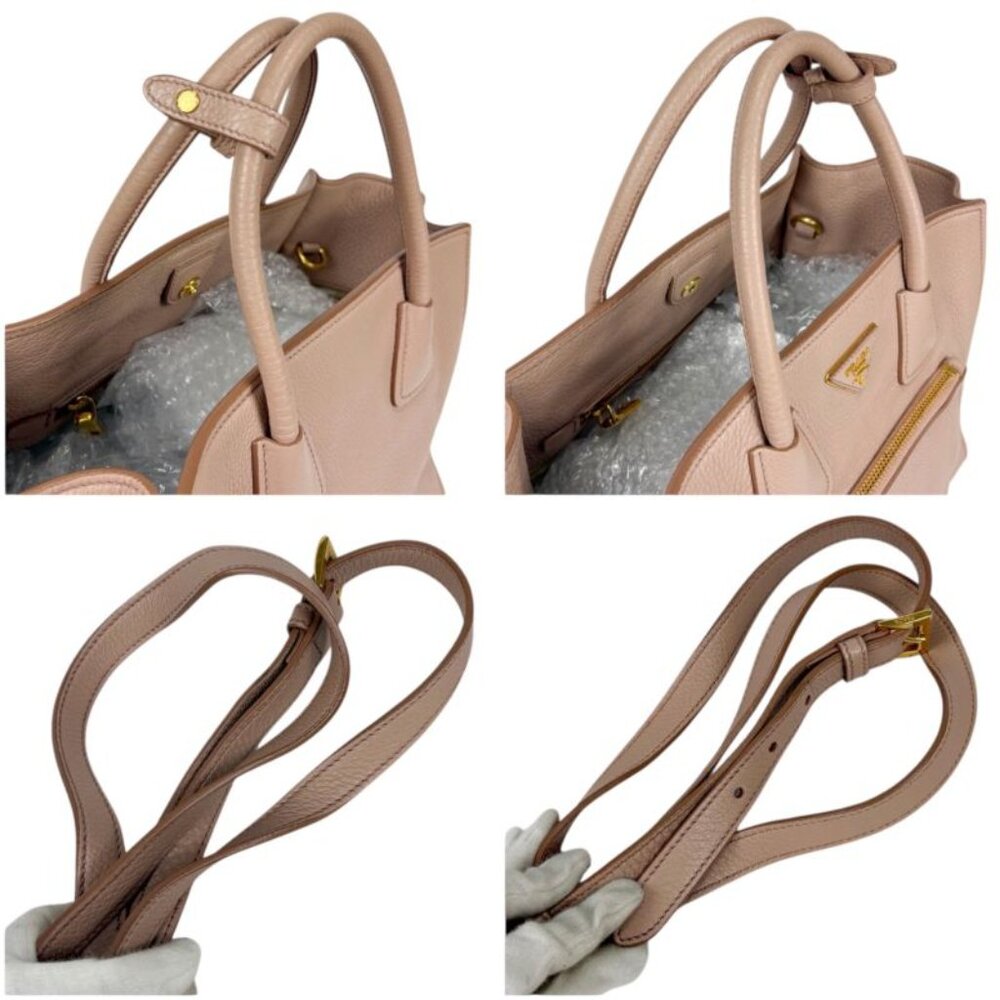 Prada 2-Way Tote Shoulder Bag Vittero Dino Leather Triangle Logo Pink Beige - Picture 7 of 14